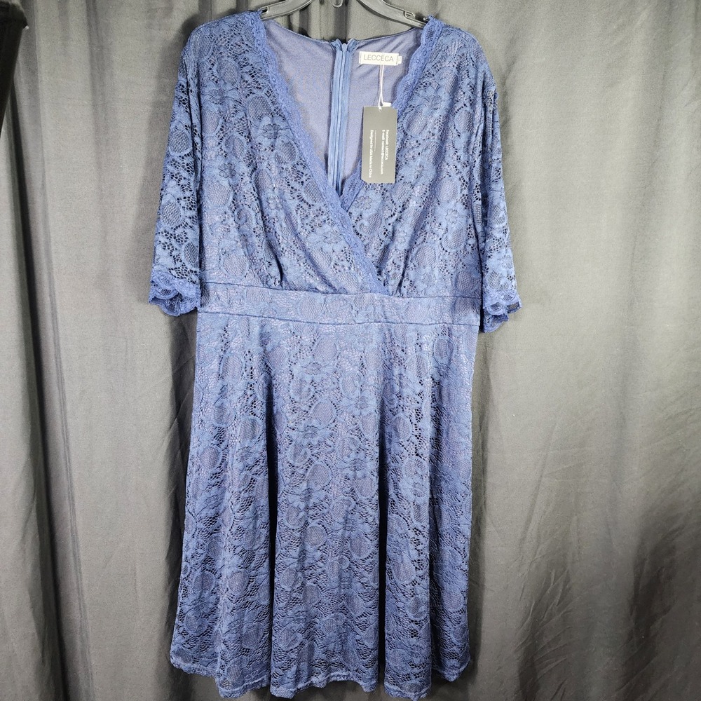 LECCECA Women's Blue Lace V Neck 3/4 Sleeve‎ Midi Dress Plus Size 3XL